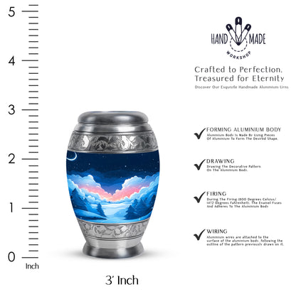 Azure Blue Cremation Urn lifestyle display on memorial shelf - ornate monarch-style blue relief on brushed aluminum - mini keepsake memorial for portion of cremation ashes