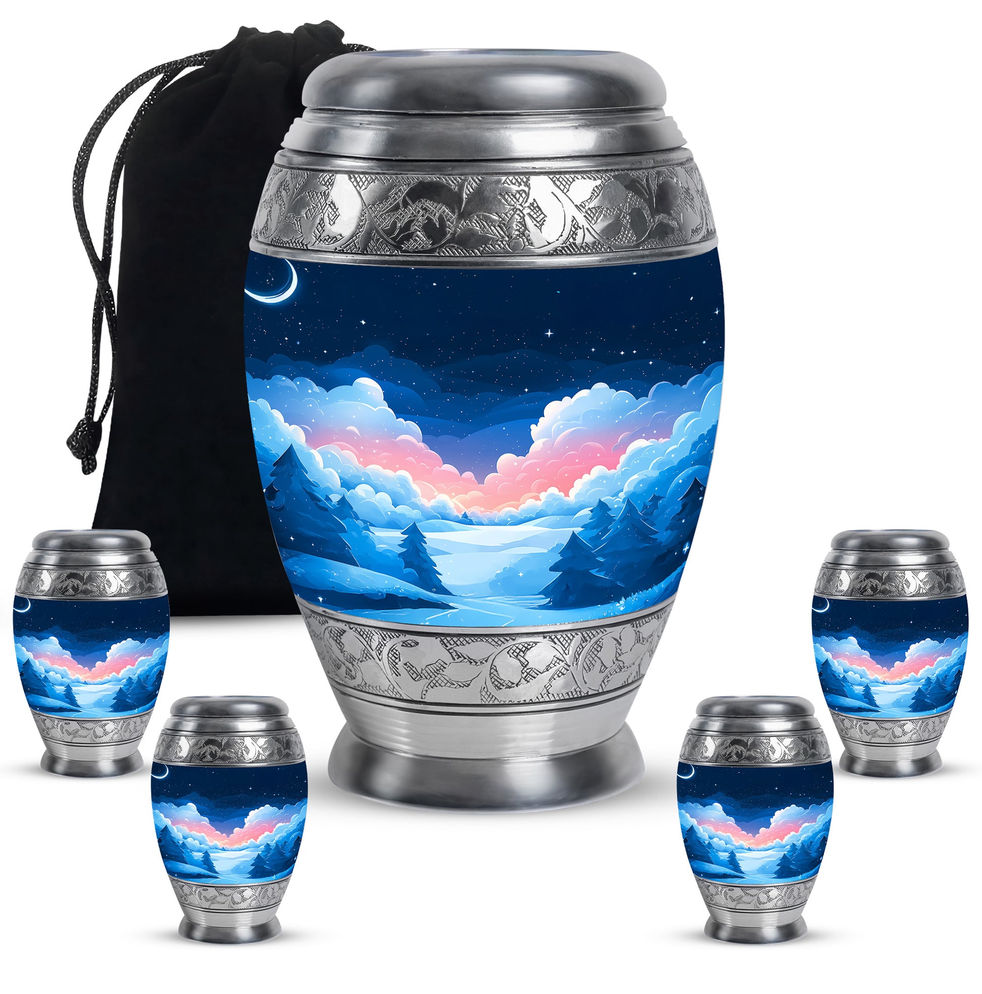 Pastel Blue Blue Cremation Urn detail view - regal blue design with crown-inspired accents - memorial set with one large and four small urns