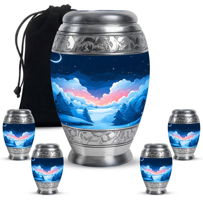 Pastel Blue Blue Cremation Urn detail view - regal blue design with crown-inspired accents - memorial set with one large and four small urns