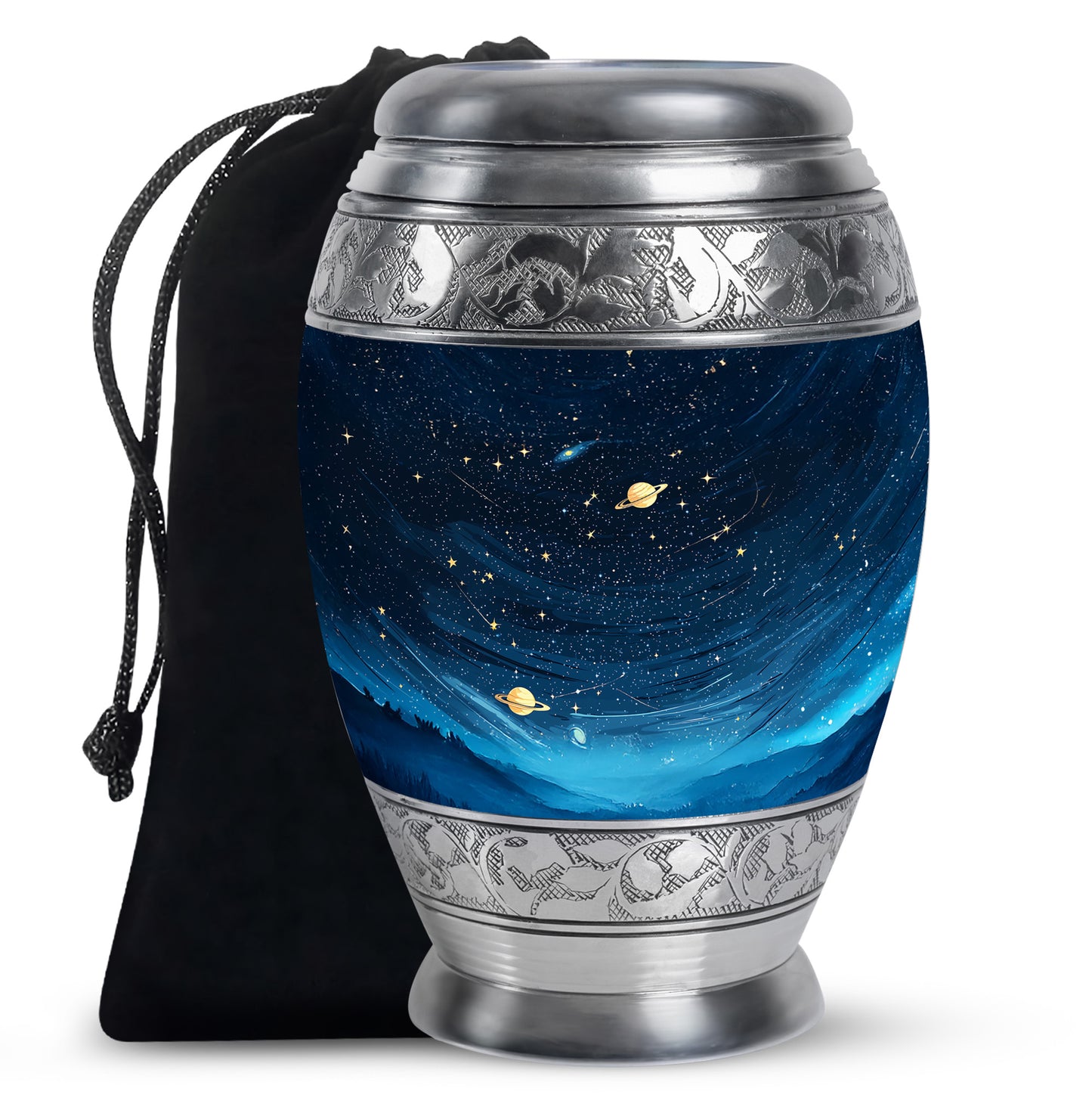 Glossy Black Blue Cremation Urn back view with polished surface - ornate monarch-style blue relief on brushed aluminum - full-size 10 inch 200 cubic inch adult cremation urn