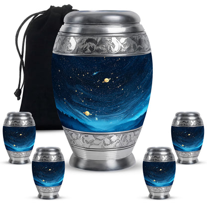 Charcoal Black Blue Cremation Urn detail view - royal blue engraving with decorative scrollwork - memorial set with one large and four small urns