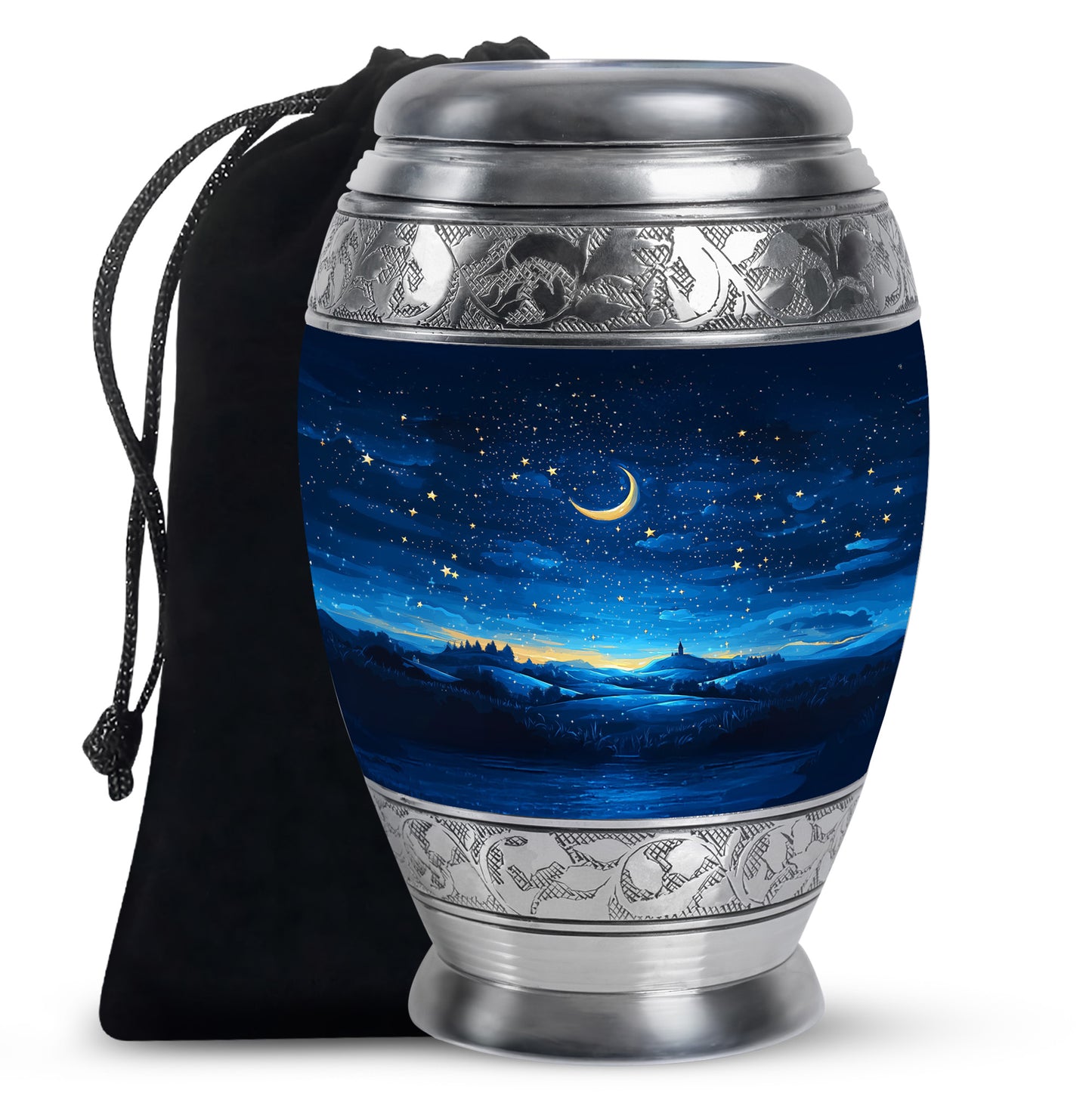 Indigo Blue Cremation Urn back view with polished surface - ornate monarch-style blue relief on brushed aluminum - full-size 10 inch 200 cubic inch adult cremation urn