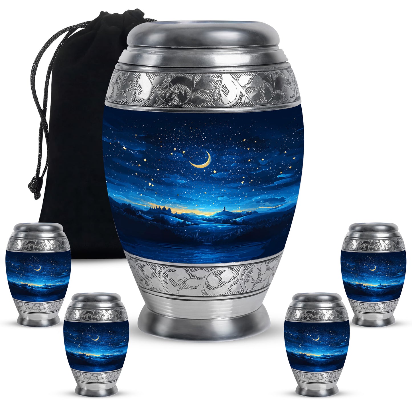 Navy Blue Blue Cremation Urn detail view - ornate monarch-style blue relief on brushed aluminum - memorial set with one large and four small urns