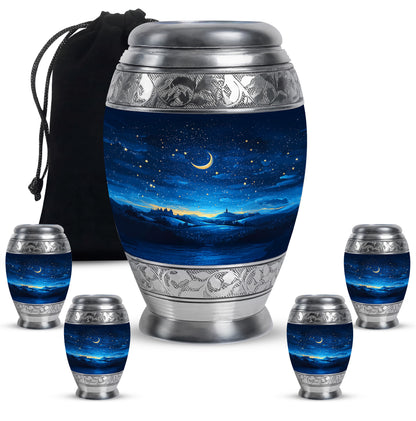 Navy Blue Blue Cremation Urn detail view - ornate monarch-style blue relief on brushed aluminum - memorial set with one large and four small urns