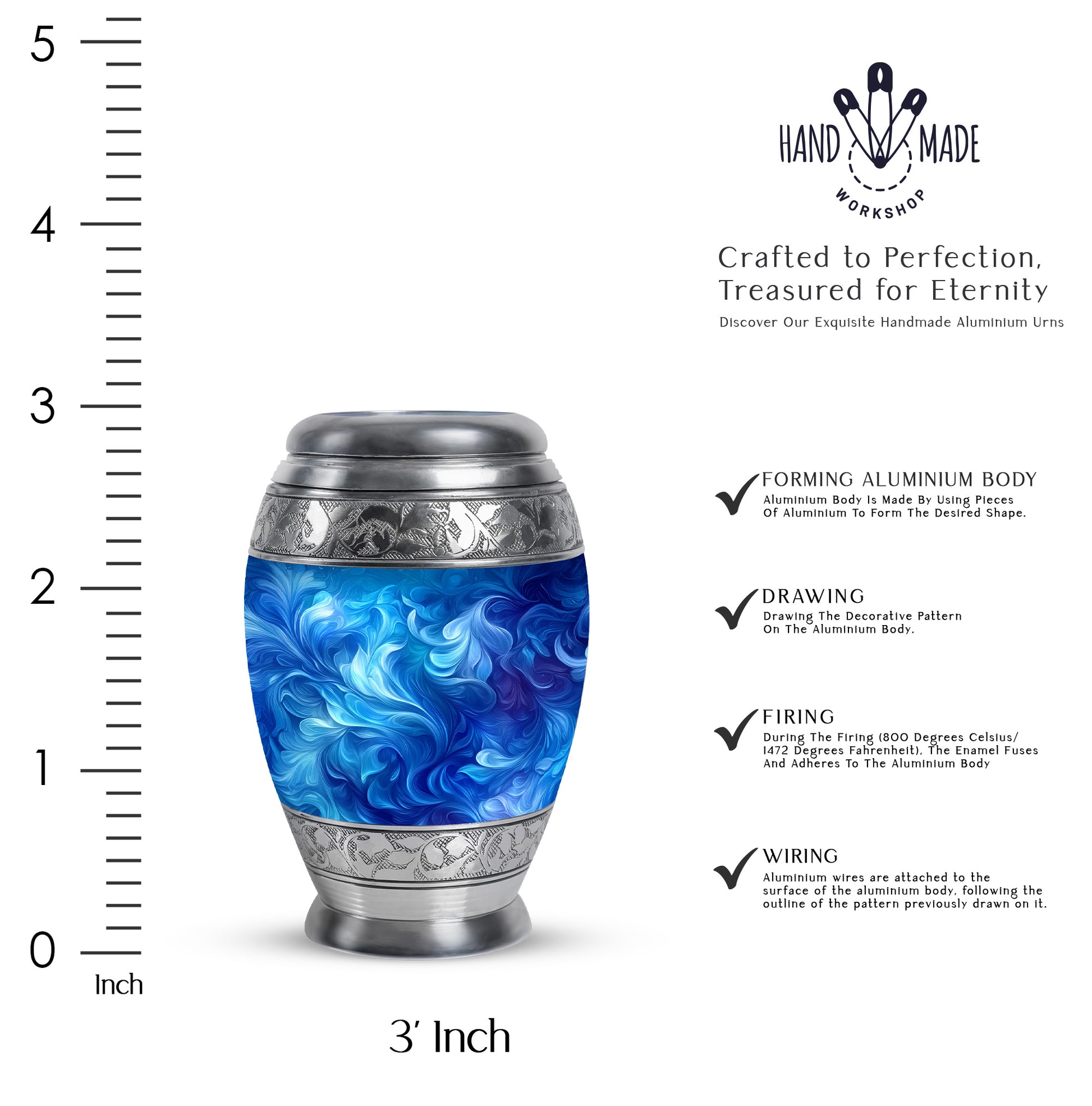 Dusty Blue Blue Cremation Urn lifestyle display on memorial shelf - ornate monarch-style blue relief on brushed aluminum - mini keepsake memorial for portion of cremation ashes