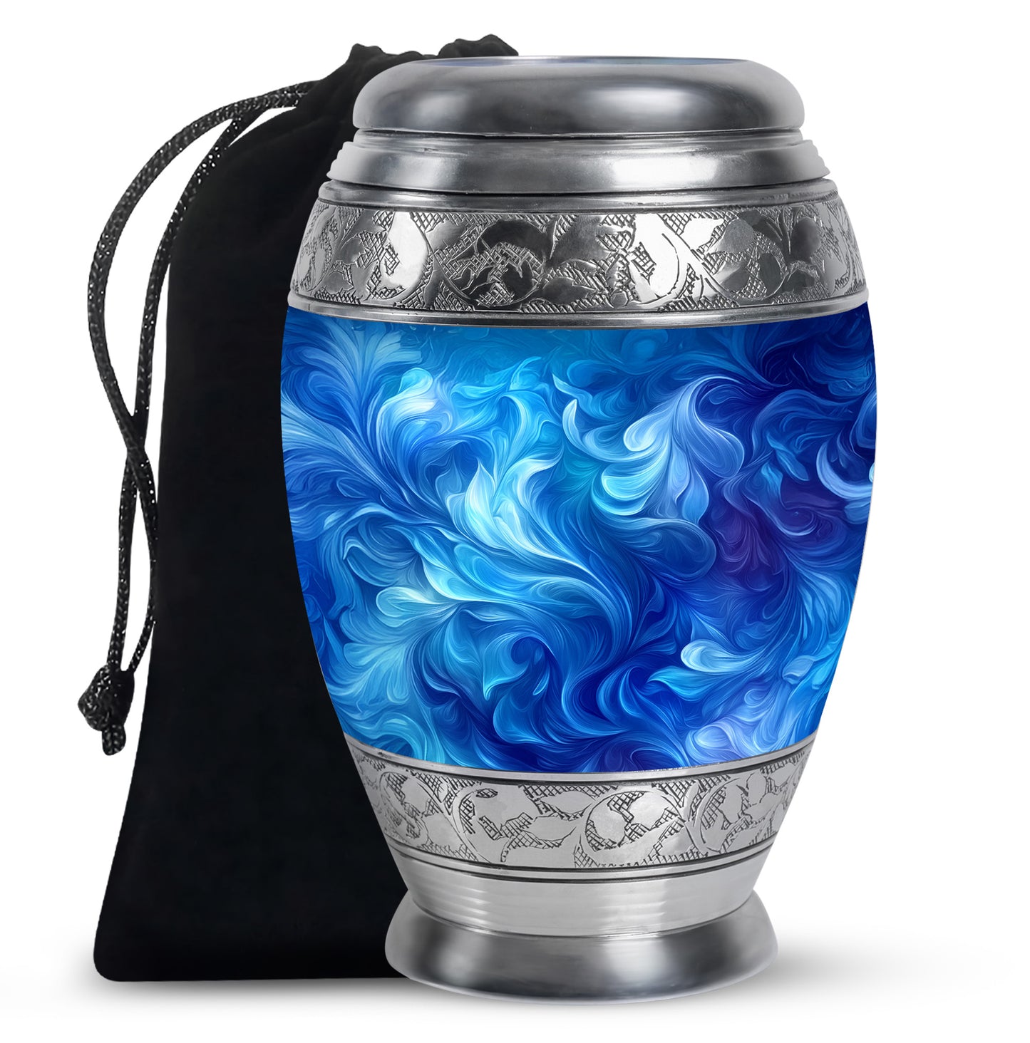 Sky Blue Blue Cremation Urn back view with polished surface - ornate monarch-style blue relief on brushed aluminum - full-size 10 inch 200 cubic inch adult cremation urn