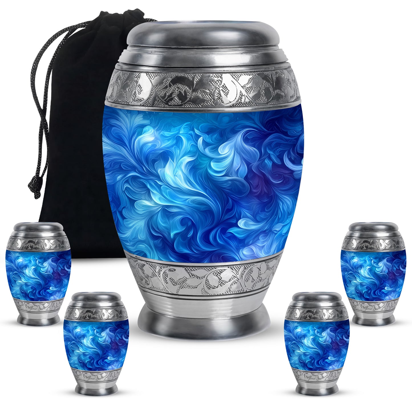 Serene Blue Blue Cremation Urn detail view - majestic blue pattern with filigree border - memorial set with one large and four small urns
