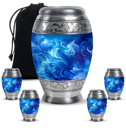 Serene Blue Blue Cremation Urn detail view - majestic blue pattern with filigree border - memorial set with one large and four small urns