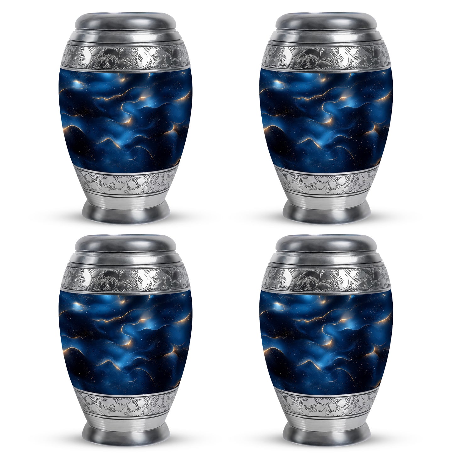 Misty Blue Blue Cremation Urn urn with complimentary velvet bag - ornate monarch-style blue relief on brushed aluminum - 10 inch aluminum urn for cremated remains