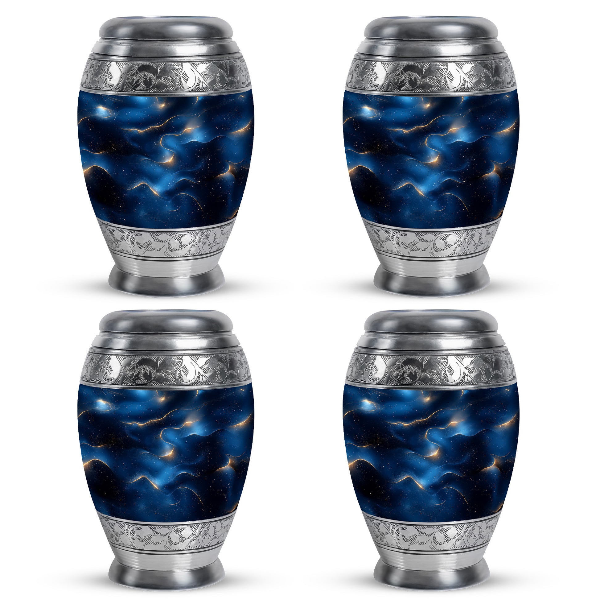 Misty Blue Blue Cremation Urn urn with complimentary velvet bag - ornate monarch-style blue relief on brushed aluminum - 10 inch aluminum urn for cremated remains