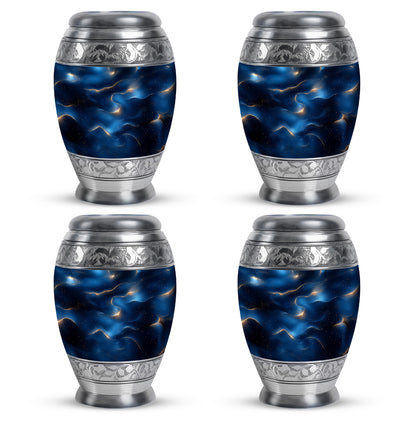 Misty Blue Blue Cremation Urn urn with complimentary velvet bag - ornate monarch-style blue relief on brushed aluminum - 10 inch aluminum urn for cremated remains
