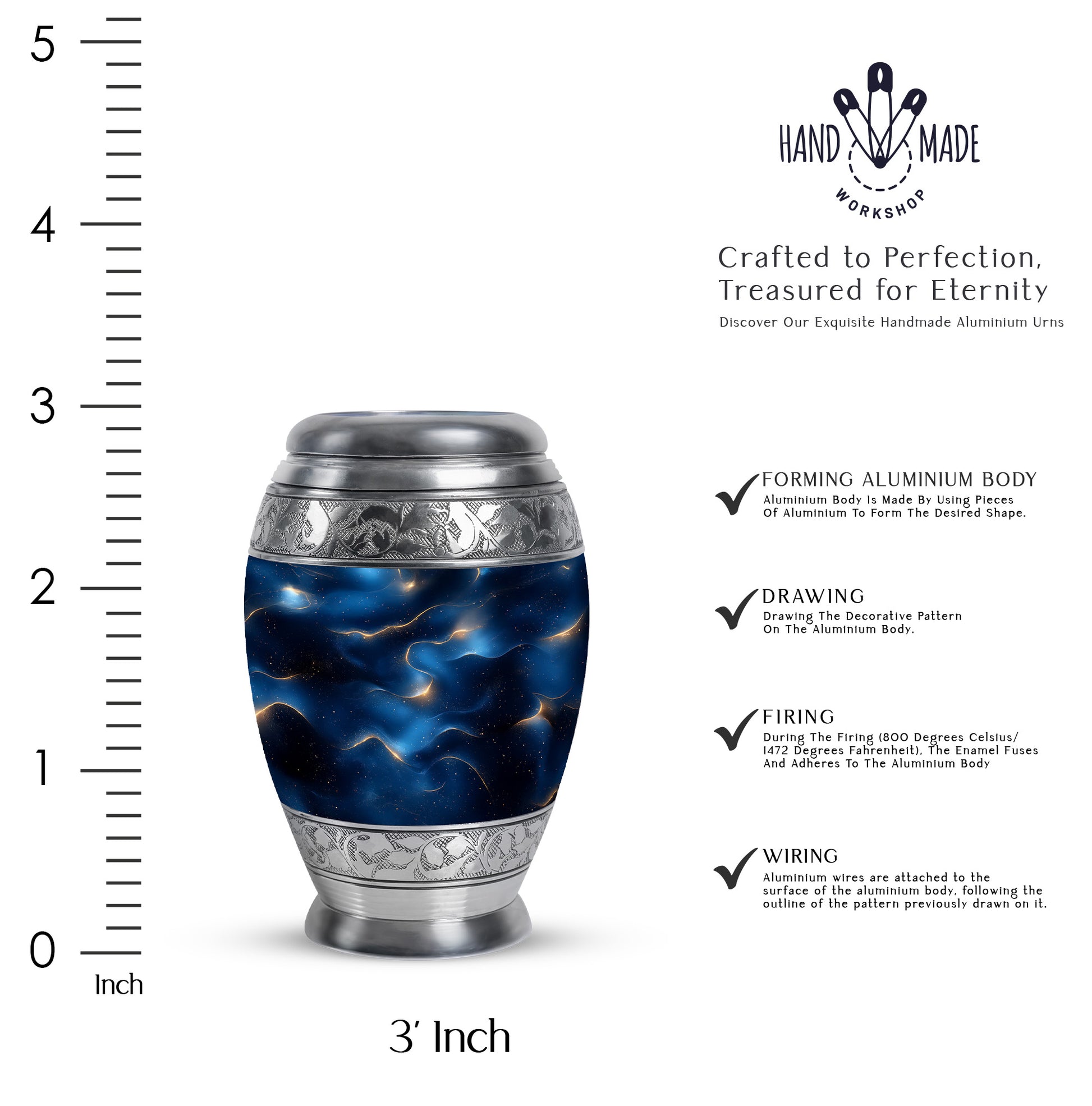 Indigo Blue Cremation Urn lifestyle display on memorial shelf - regal blue design with crown-inspired accents - mini keepsake memorial for portion of cremation ashes