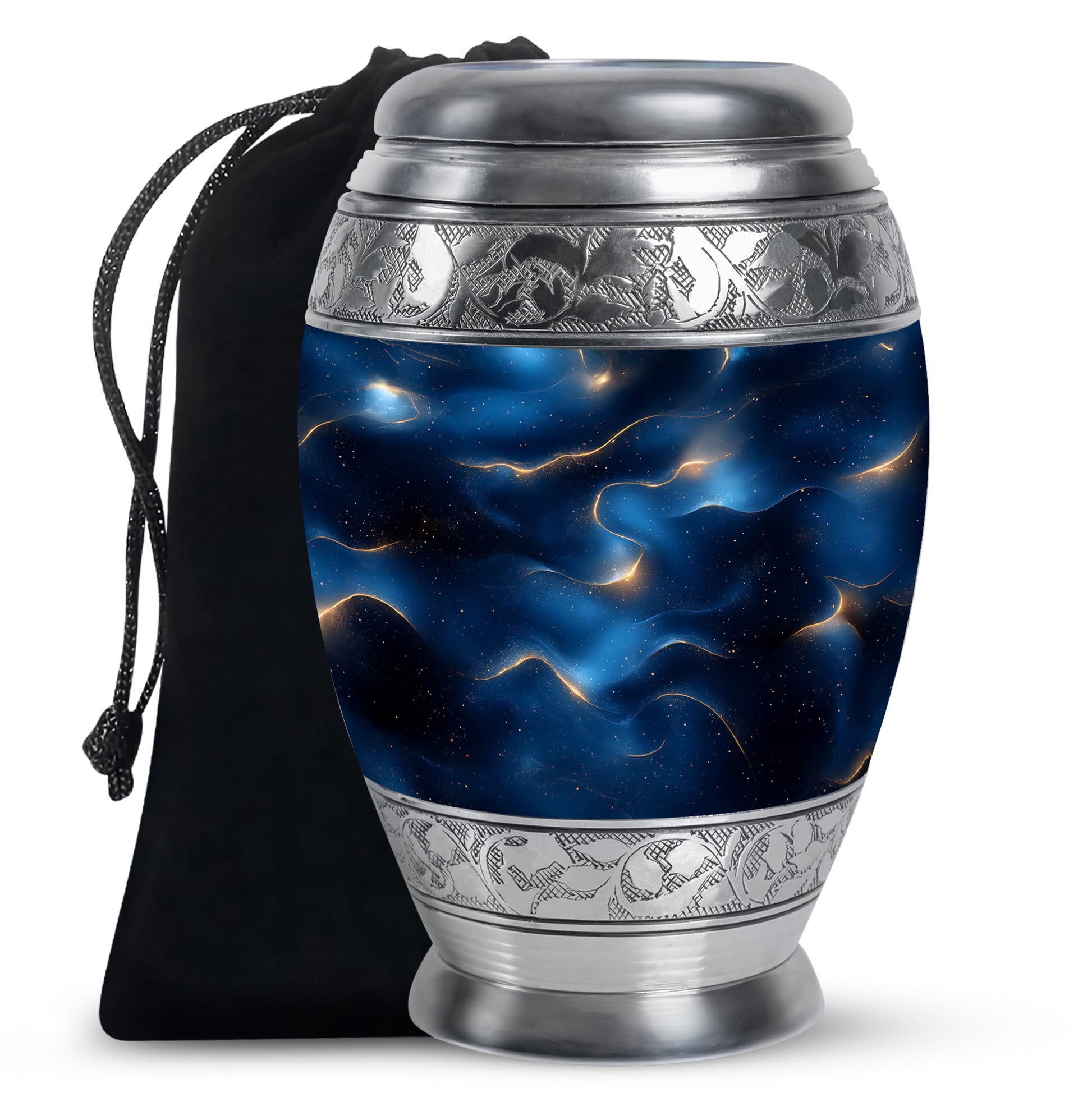 Steel Blue Blue Cremation Urn back view with polished surface - royal blue engraving with decorative scrollwork - full-size 10 inch 200 cubic inch adult cremation urn