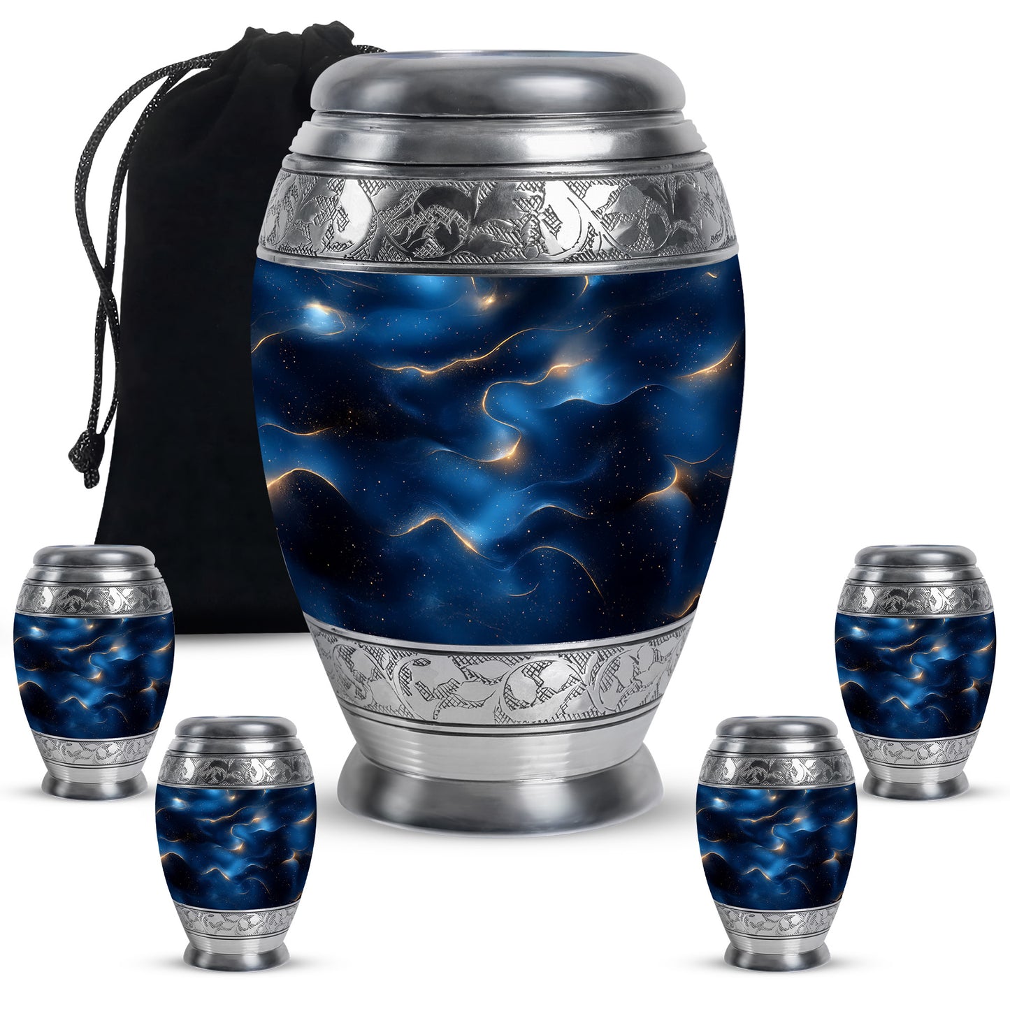 Pastel Blue Blue Cremation Urn detail view - ornate monarch-style blue relief on brushed aluminum - memorial set with one large and four small urns