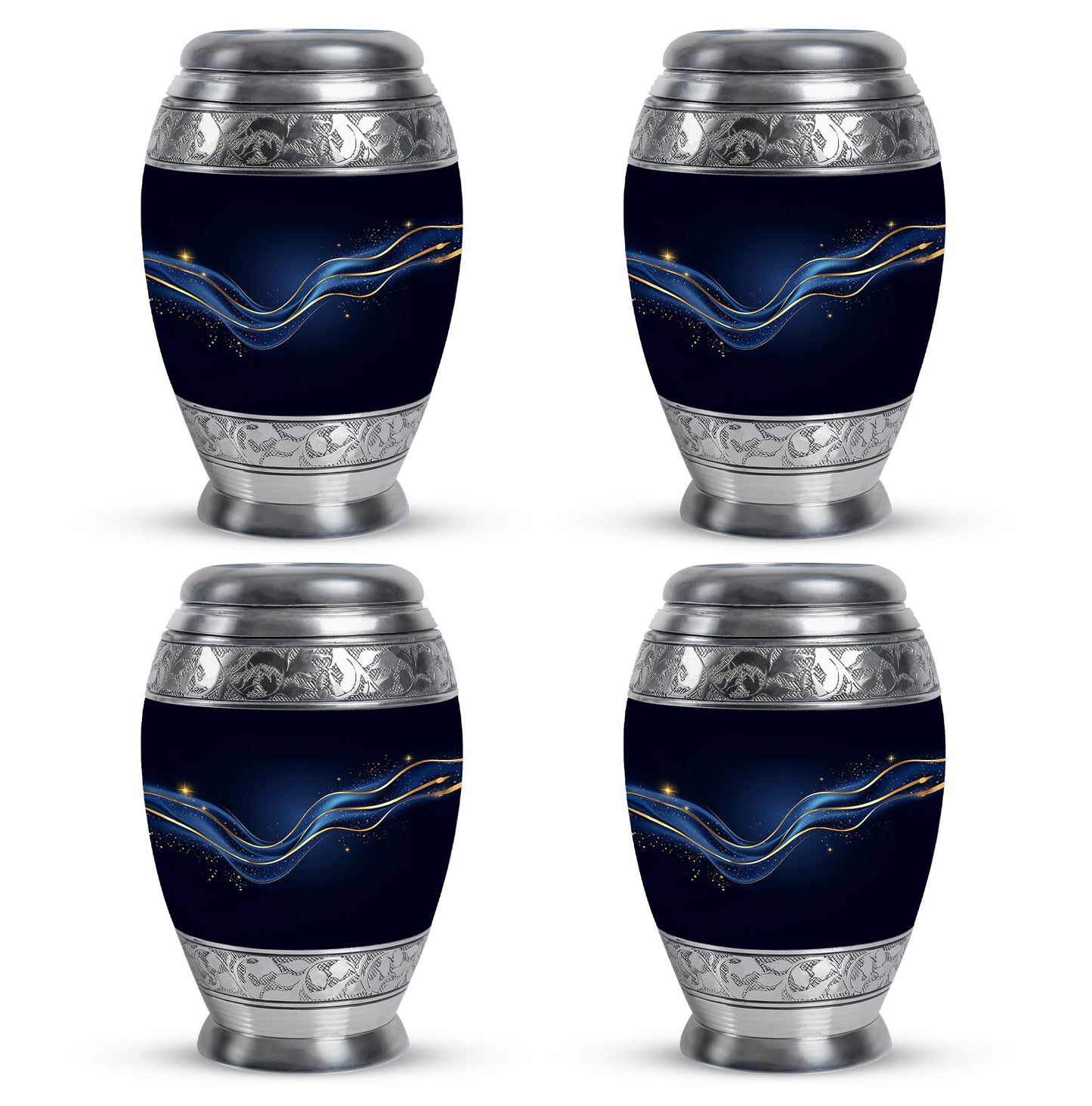 Dark Black Blue Cremation Urn urn with complimentary velvet bag - majestic blue pattern with filigree border - 10 inch aluminum urn for cremated remains