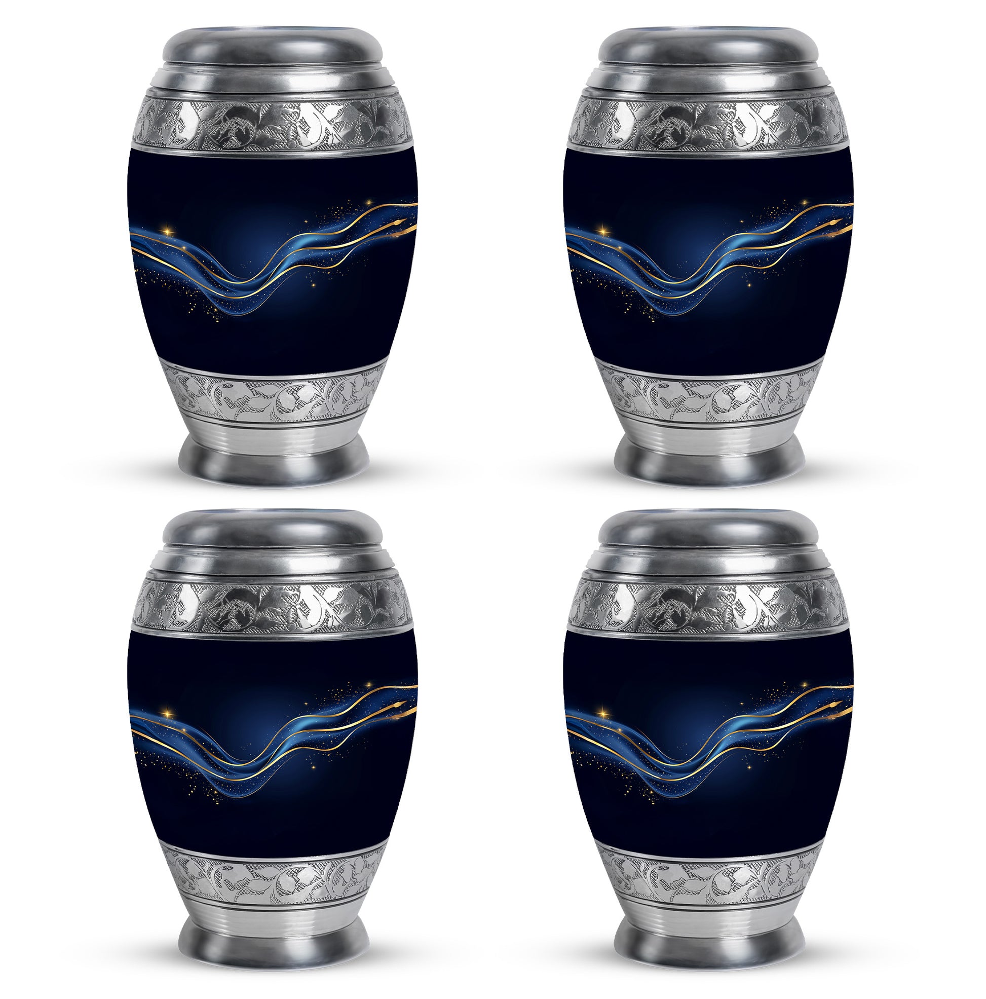 Dark Black Blue Cremation Urn urn with complimentary velvet bag - majestic blue pattern with filigree border - 10 inch aluminum urn for cremated remains