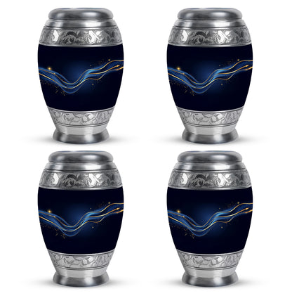 Dark Black Blue Cremation Urn urn with complimentary velvet bag - majestic blue pattern with filigree border - 10 inch aluminum urn for cremated remains