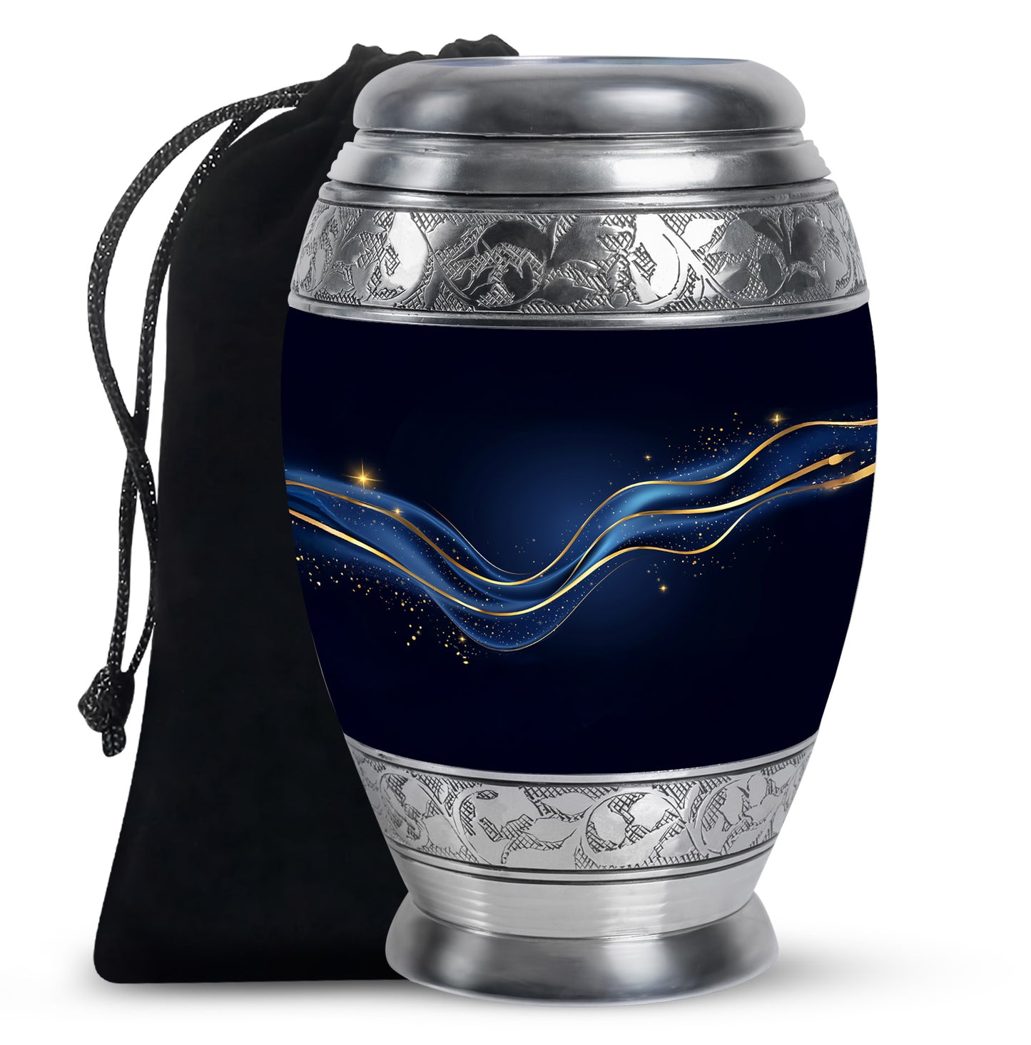 Midnight Black Blue Cremation Urn back view with polished surface - majestic blue pattern with filigree border - full-size 10 inch 200 cubic inch adult cremation urn