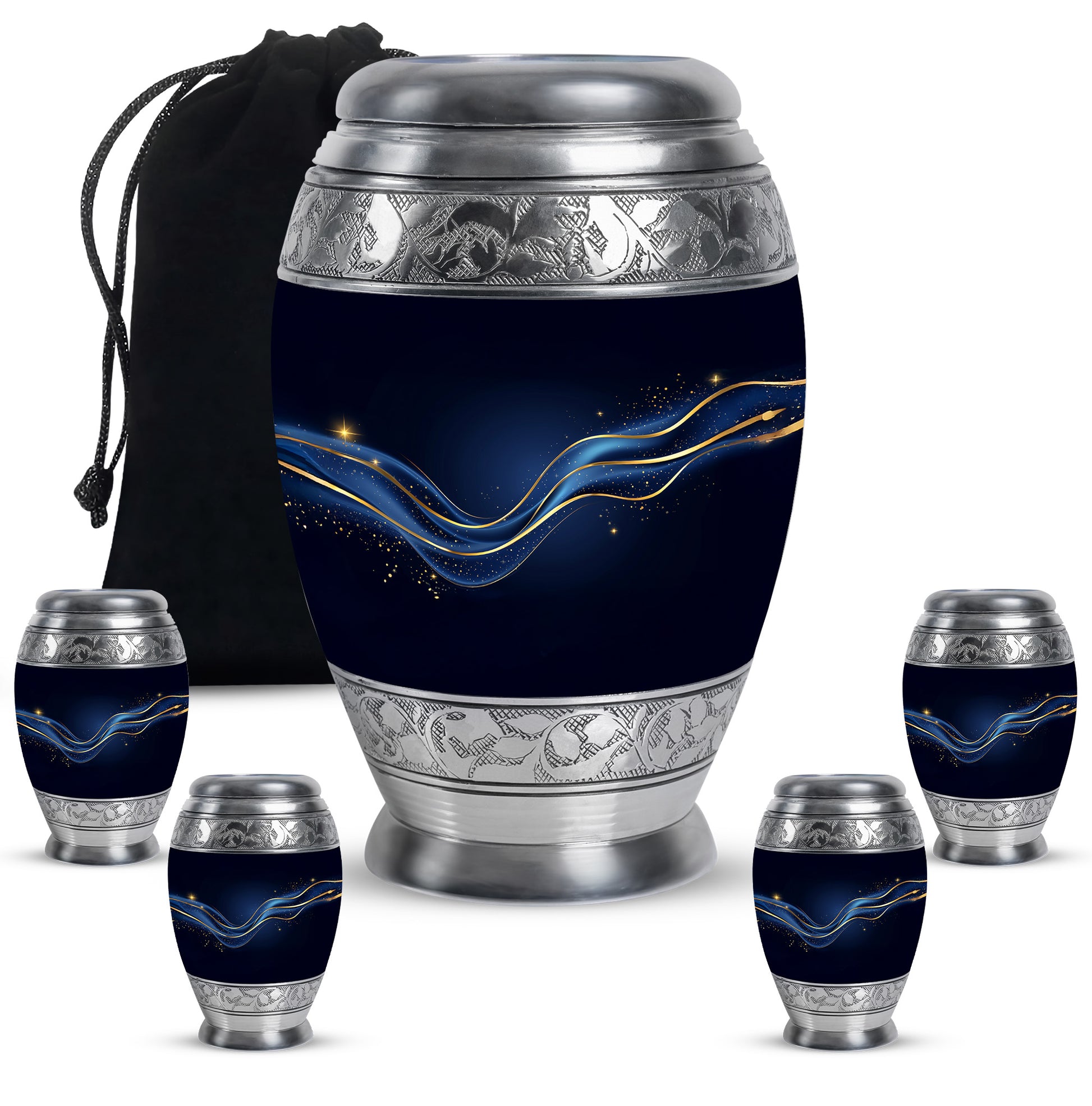Glossy Black Blue Cremation Urn detail view - ornate monarch-style blue relief on brushed aluminum - memorial set with one large and four small urns