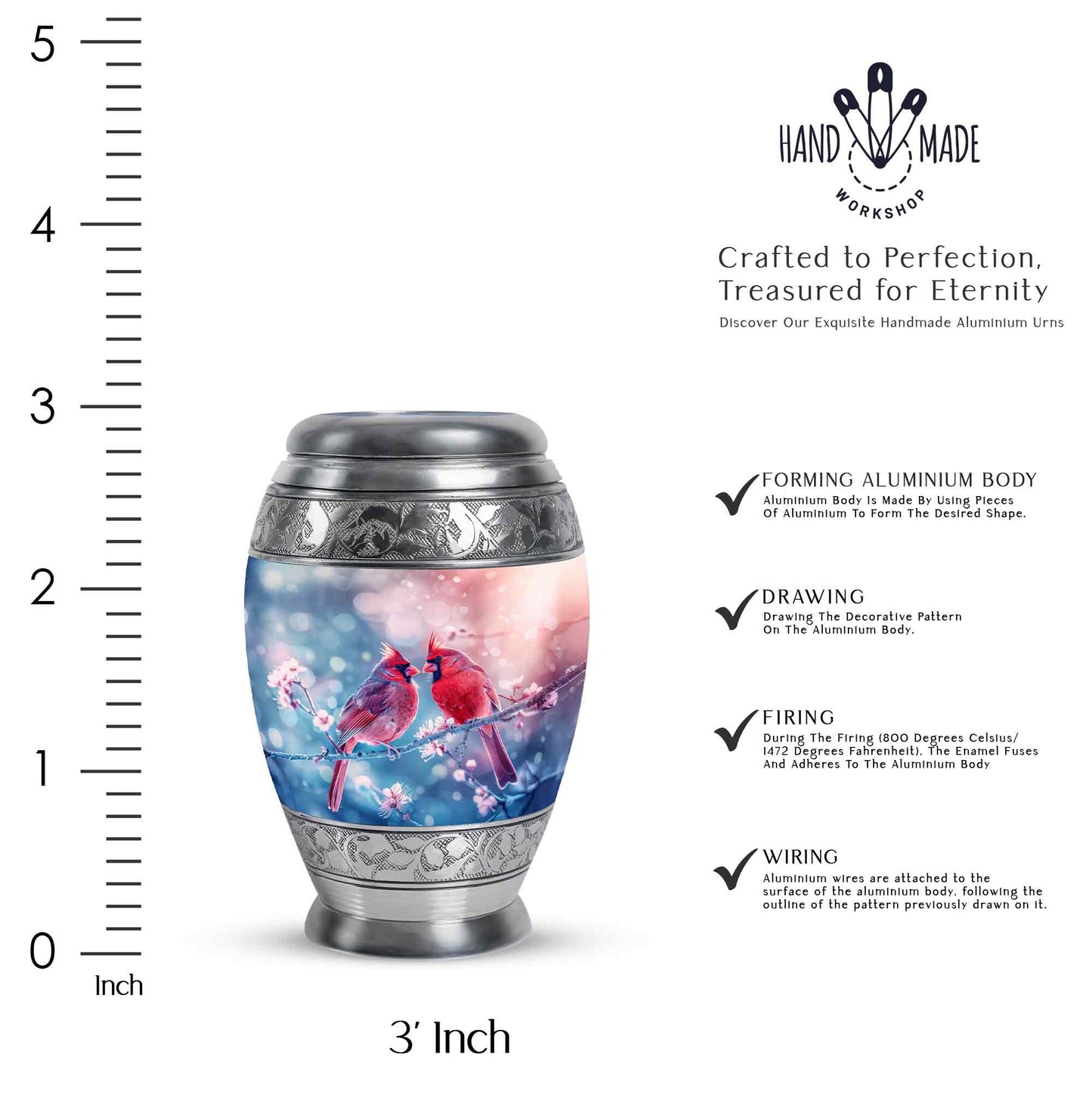 Scarlet Red Cardinal Cremation Urn lifestyle display on memorial shelf - majestic cardinal pattern with filigree border - mini keepsake memorial for portion of cremation ashes