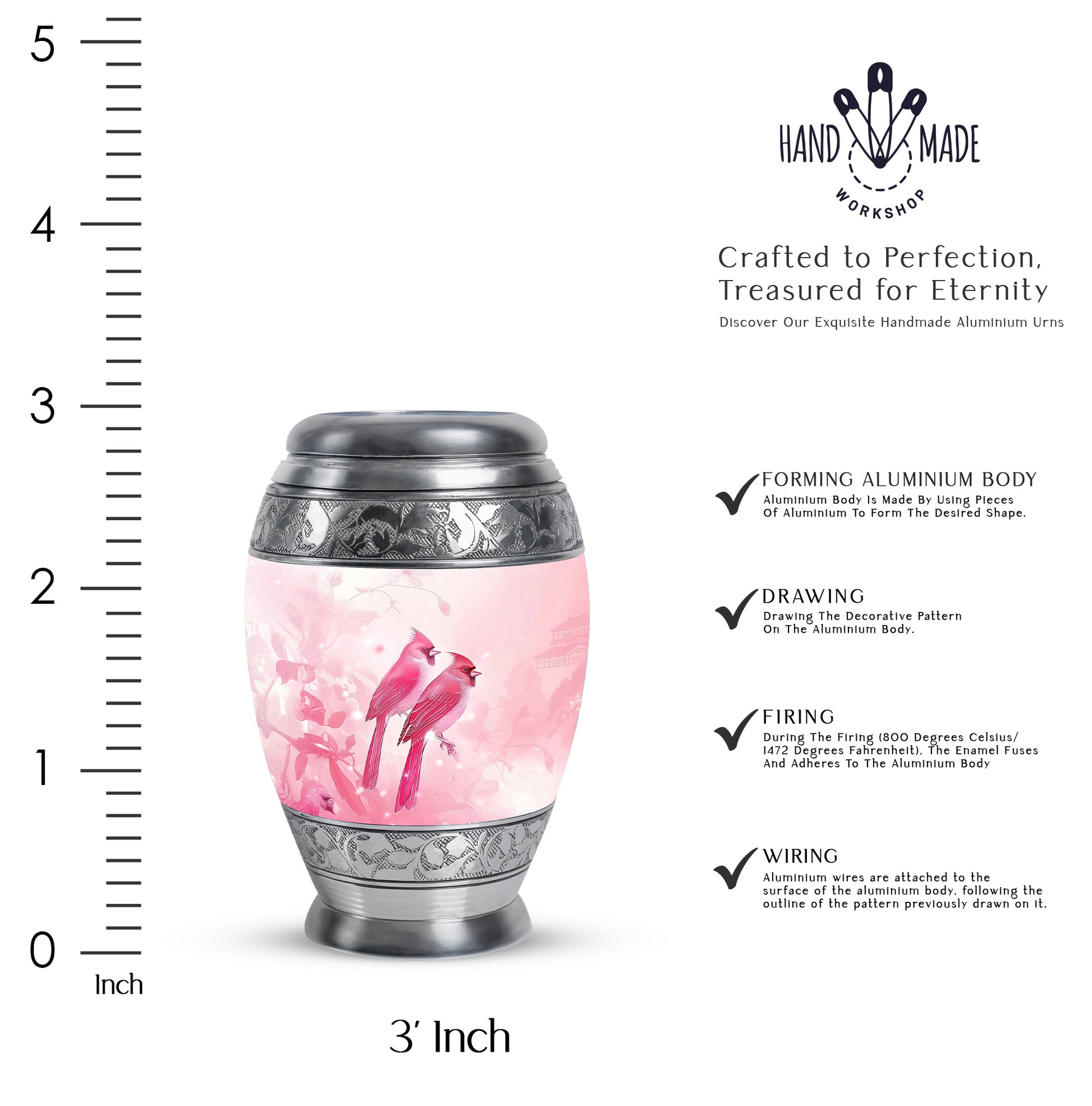 Deep Red Cardinal Cremation Urn lifestyle display on memorial shelf - ornate monarch-style cardinal relief on brushed aluminum - mini keepsake memorial for portion of cremation ashes