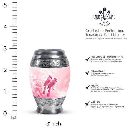 Deep Red Cardinal Cremation Urn lifestyle display on memorial shelf - ornate monarch-style cardinal relief on brushed aluminum - mini keepsake memorial for portion of cremation ashes