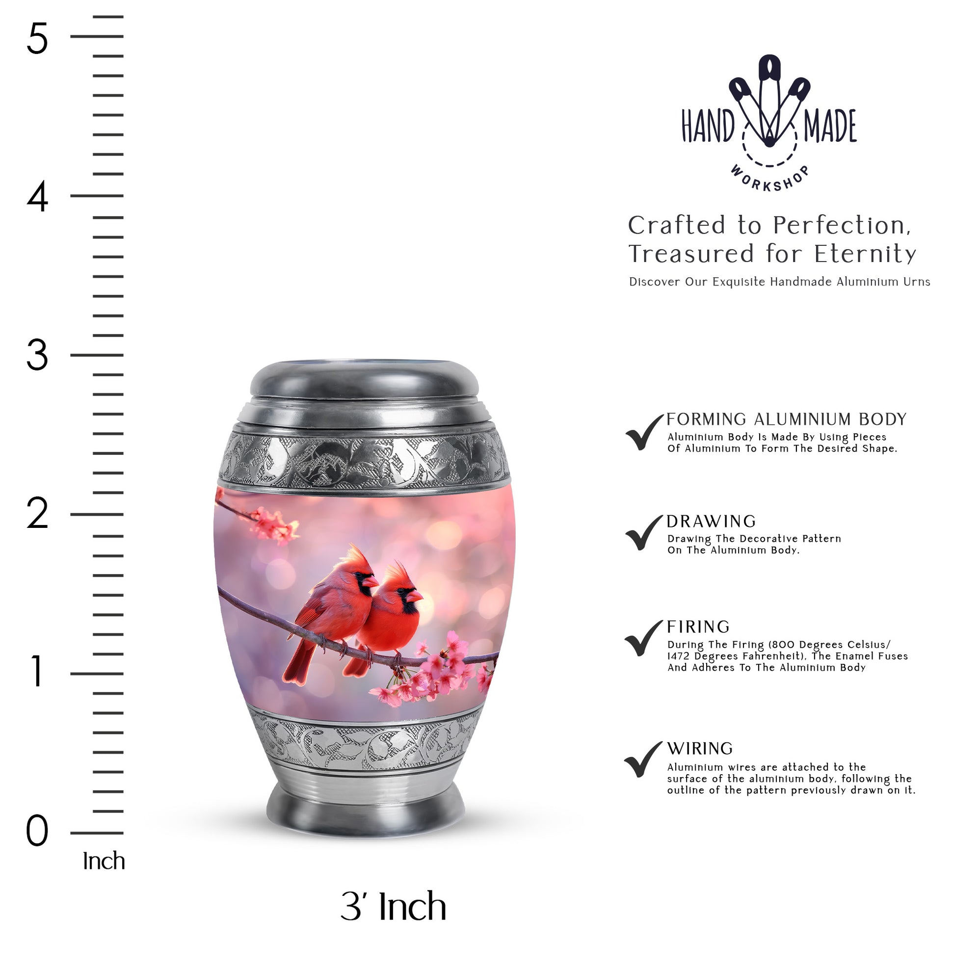 Deep Red Cardinal Cremation Urn lifestyle display on memorial shelf - regal cardinal design with crown-inspired accents - mini keepsake memorial for portion of cremation ashes