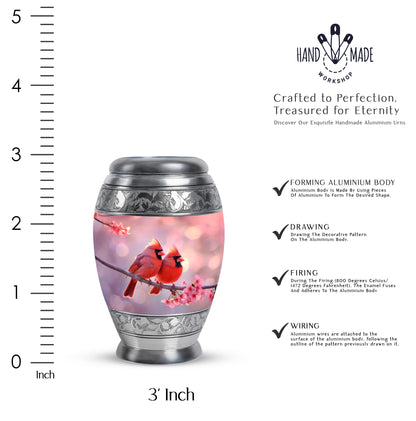 Deep Red Cardinal Cremation Urn lifestyle display on memorial shelf - regal cardinal design with crown-inspired accents - mini keepsake memorial for portion of cremation ashes