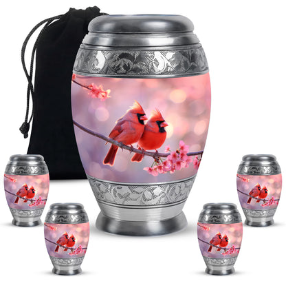 Crimson Red Cardinal Cremation Urn detail view - ornate monarch-style cardinal relief on brushed aluminum - memorial set with one large and four small urns