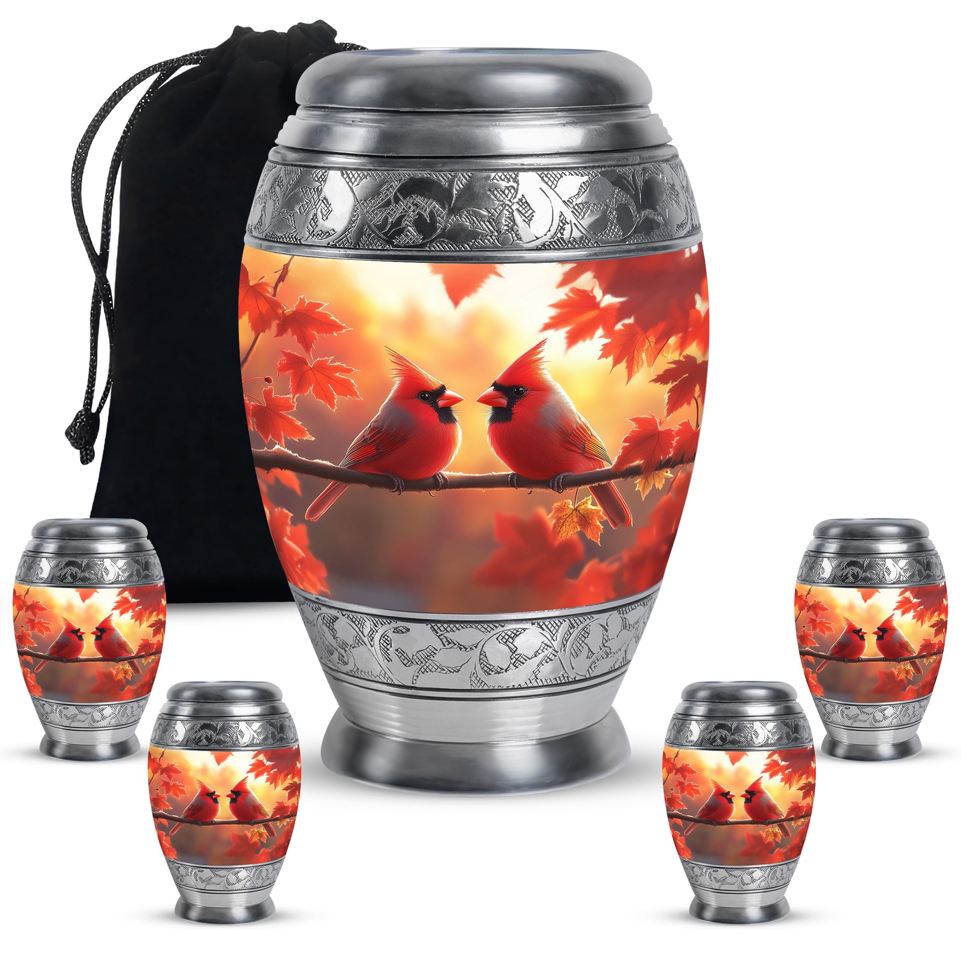 Royal Gold Cardinal Cremation Urn detail view - royal cardinal engraving with decorative scrollwork - memorial set with one large and four small urns