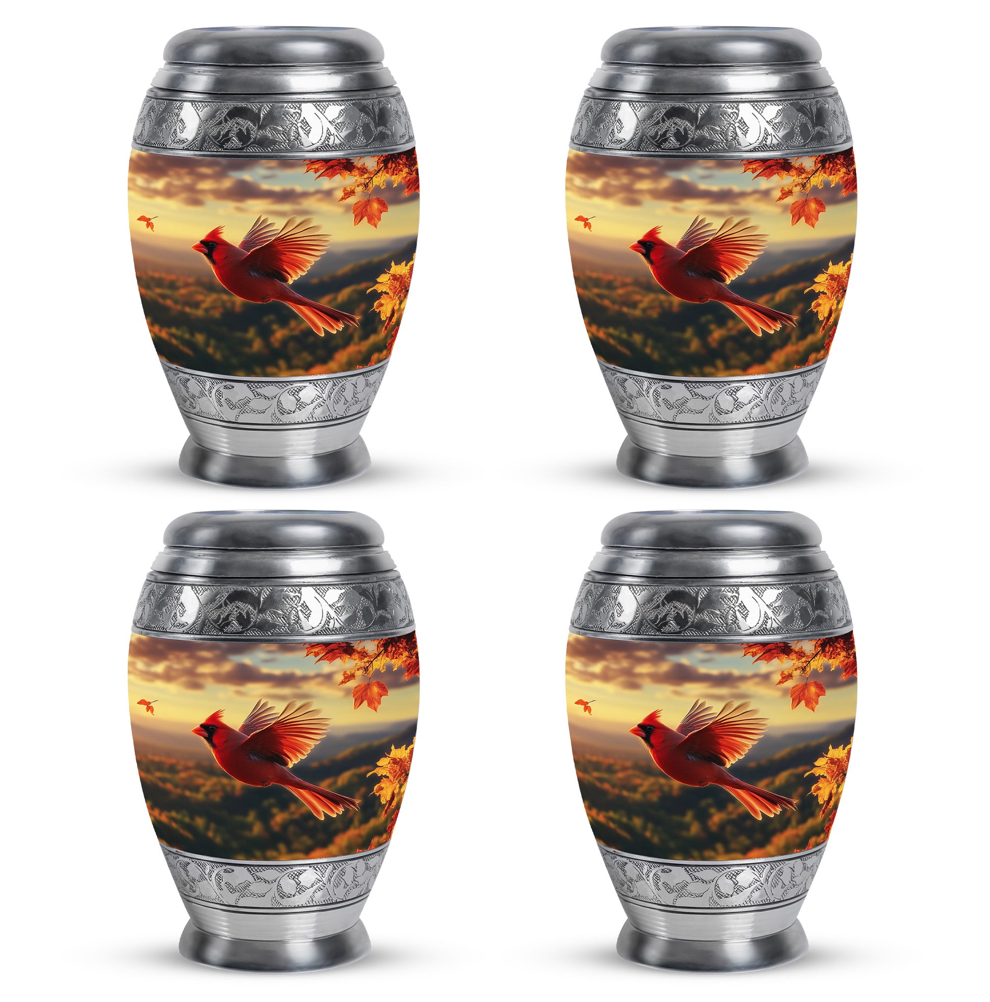 Gilded Gold Cardinal Cremation Urn urn with complimentary velvet bag - regal cardinal design with crown-inspired accents - 10 inch aluminum urn for cremated remains