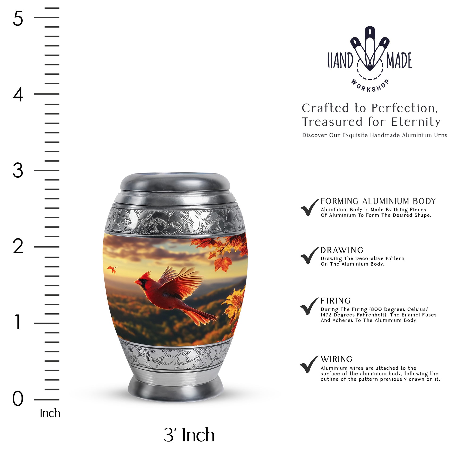 Amber Gold Cardinal Cremation Urn lifestyle display on memorial shelf - ornate monarch-style cardinal relief on brushed aluminum - mini keepsake memorial for portion of cremation ashes