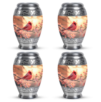 Warm Gold Cardinal Cremation Urn urn with complimentary velvet bag - majestic cardinal pattern with filigree border - 10 inch aluminum urn for cremated remains