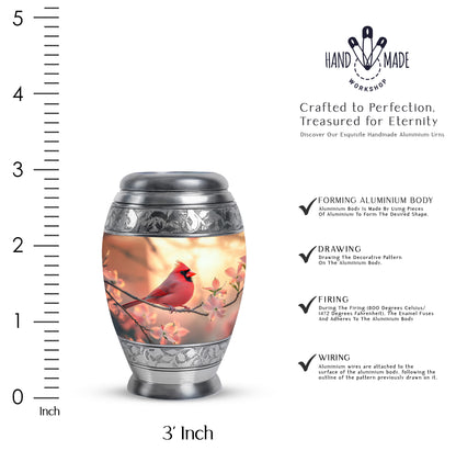 Warm Gold Cardinal Cremation Urn lifestyle display on memorial shelf - royal cardinal engraving with decorative scrollwork - mini keepsake memorial for portion of cremation ashes