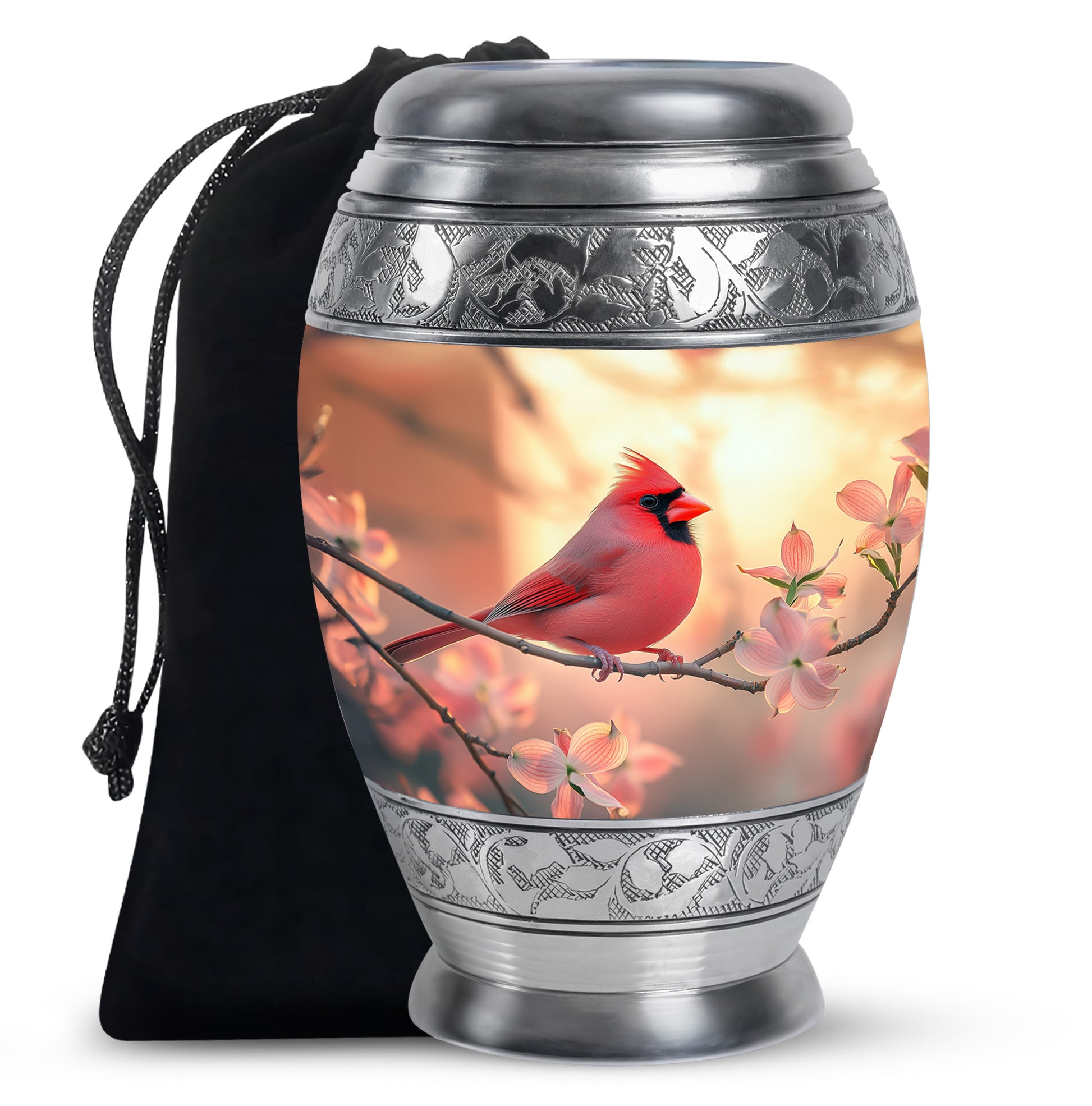 Harvest Gold Cardinal Cremation Urn back view with polished surface - royal cardinal engraving with decorative scrollwork - full-size 10 inch 200 cubic inch adult cremation urn