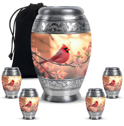 Burnished Gold Cardinal Cremation Urn detail view - majestic cardinal pattern with filigree border - memorial set with one large and four small urns