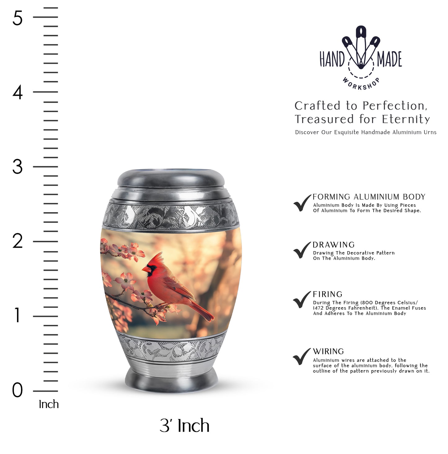 Royal Gold Cardinal Cremation Urn lifestyle display on memorial shelf - royal cardinal engraving with decorative scrollwork - mini keepsake memorial for portion of cremation ashes