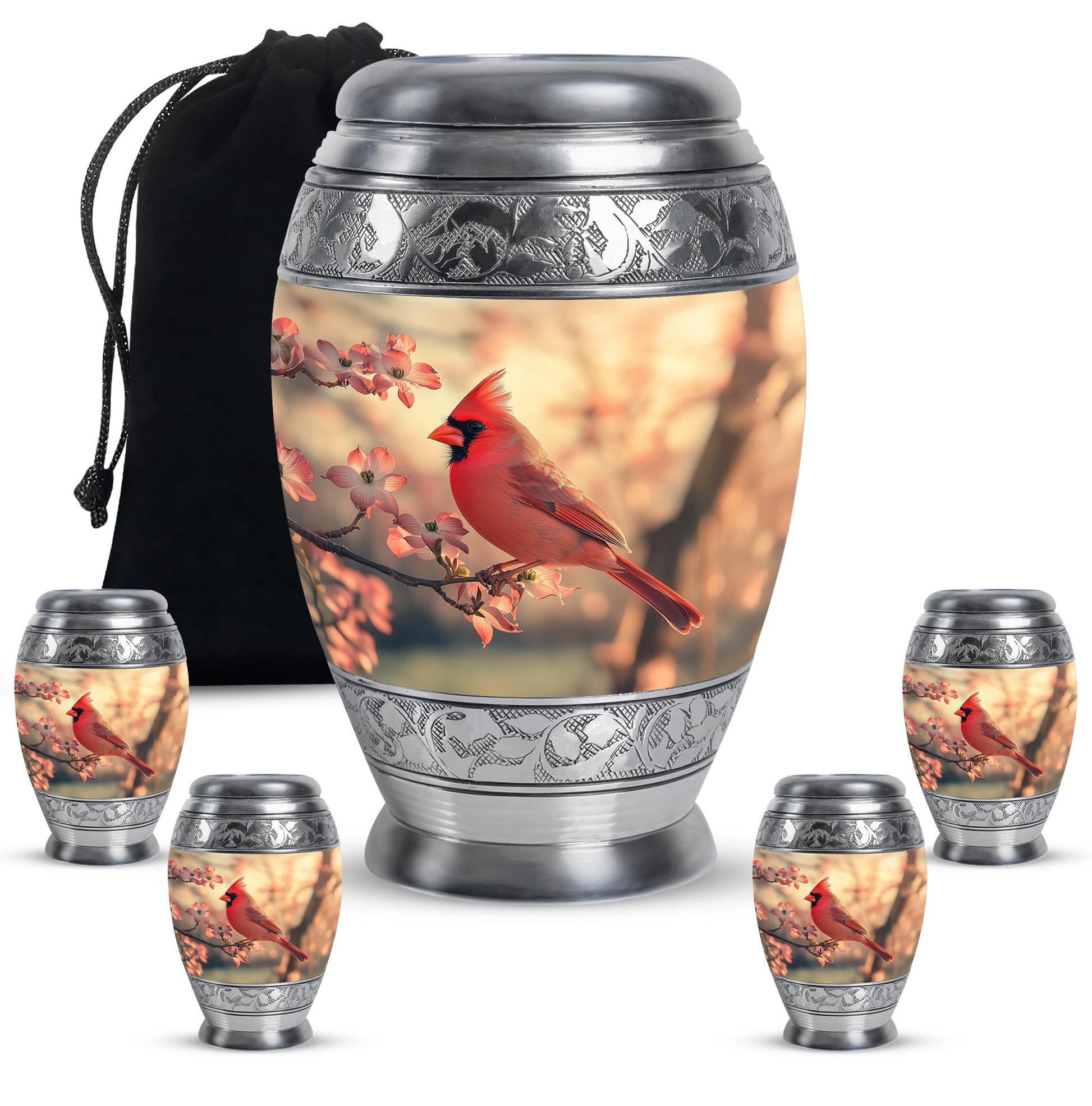 Royal Gold Cardinal Cremation Urn detail view - majestic cardinal pattern with filigree border - memorial set with one large and four small urns