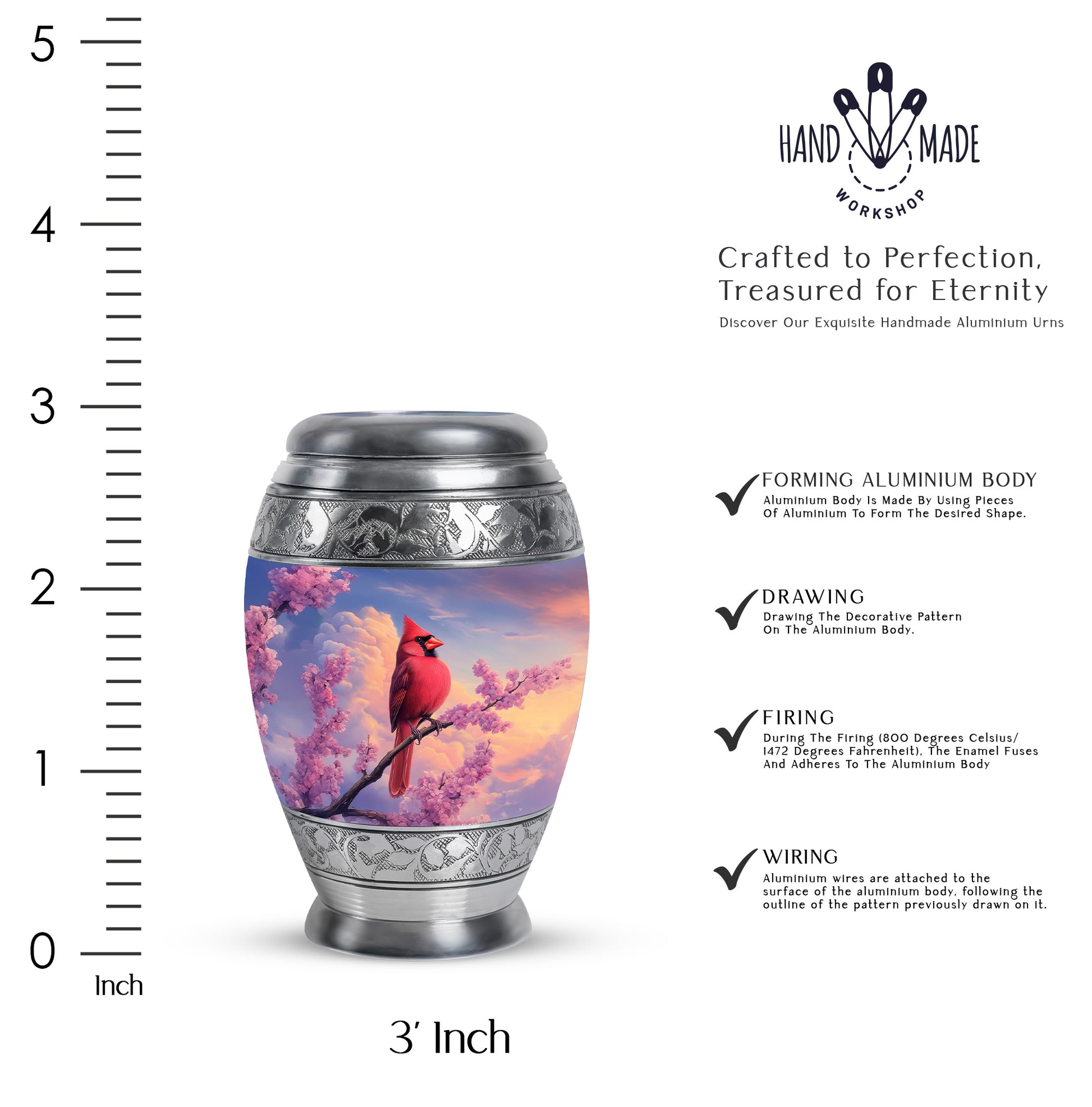 Sky Blue Cardinal Cremation Urn lifestyle display on memorial shelf - regal cardinal design with crown-inspired accents - mini keepsake memorial for portion of cremation ashes