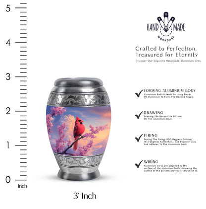 Sky Blue Cardinal Cremation Urn lifestyle display on memorial shelf - regal cardinal design with crown-inspired accents - mini keepsake memorial for portion of cremation ashes