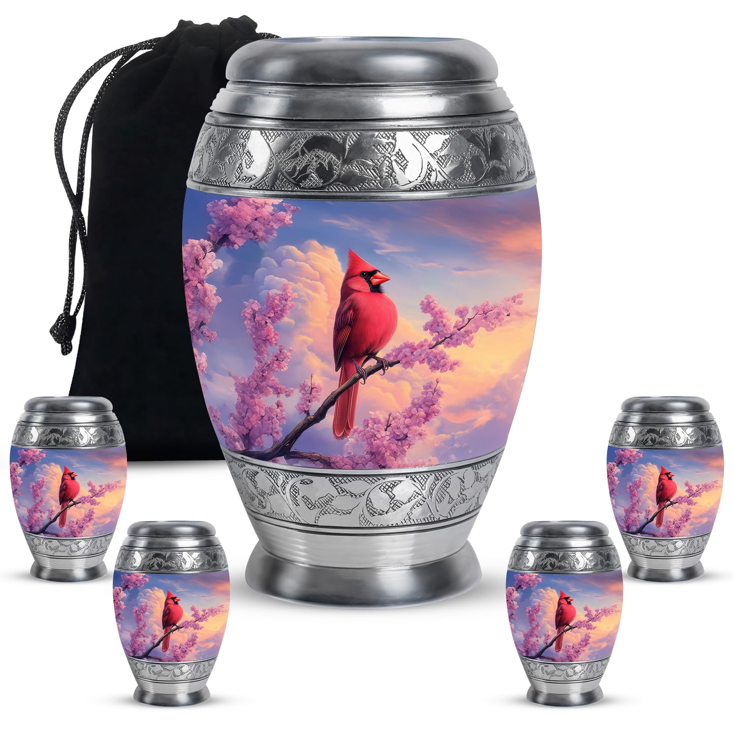 Bright Blue Cardinal Cremation Urn detail view - royal cardinal engraving with decorative scrollwork - memorial set with one large and four small urns