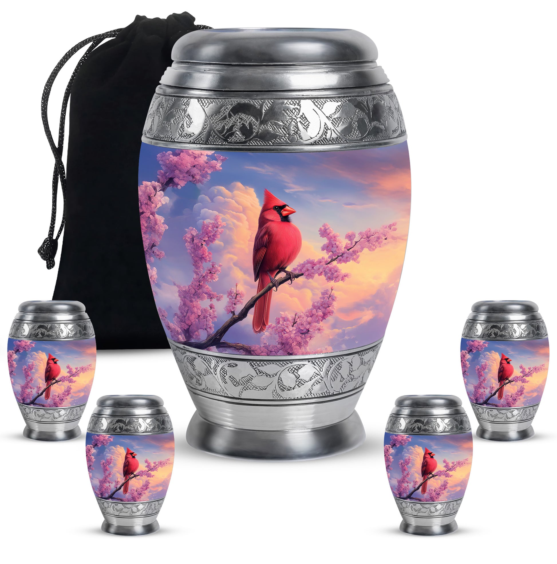 Bright Blue Cardinal Cremation Urn detail view - royal cardinal engraving with decorative scrollwork - memorial set with one large and four small urns