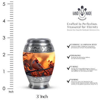 Gilded Gold Cardinal Cremation Urn lifestyle display on memorial shelf - ornate monarch-style cardinal relief on brushed aluminum - mini keepsake memorial for portion of cremation ashes