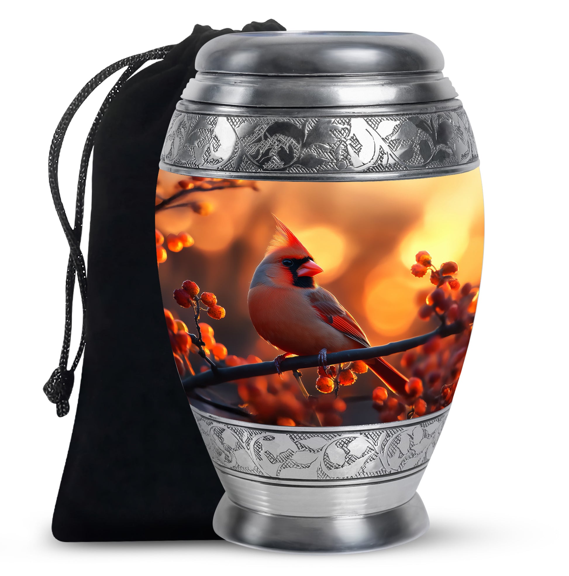 Burnished Gold Cardinal Cremation Urn back view with polished surface - royal cardinal engraving with decorative scrollwork - full-size 10 inch 200 cubic inch adult cremation urn