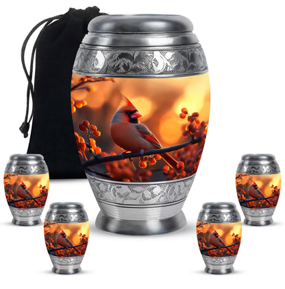 Sunrise Gold Cardinal Cremation Urn detail view - ornate monarch-style cardinal relief on brushed aluminum - memorial set with one large and four small urns