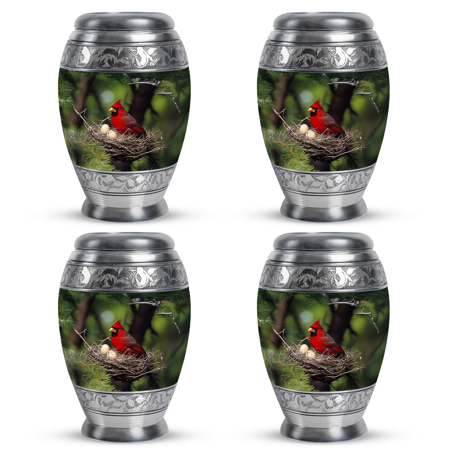 Moss Green Cardinal Cremation Urn urn with complimentary velvet bag - ornate monarch-style cardinal relief on brushed aluminum - 10 inch aluminum urn for cremated remains