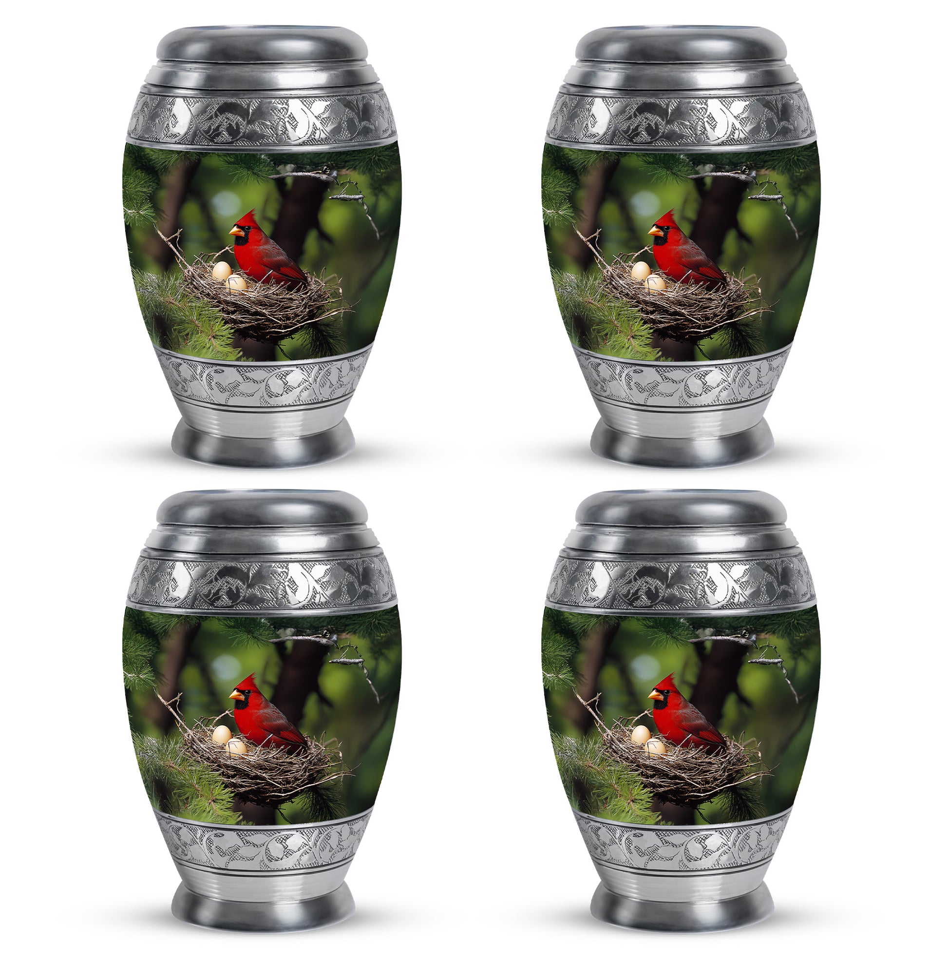 Moss Green Cardinal Cremation Urn urn with complimentary velvet bag - ornate monarch-style cardinal relief on brushed aluminum - 10 inch aluminum urn for cremated remains