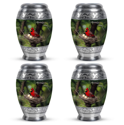 Moss Green Cardinal Cremation Urn urn with complimentary velvet bag - ornate monarch-style cardinal relief on brushed aluminum - 10 inch aluminum urn for cremated remains