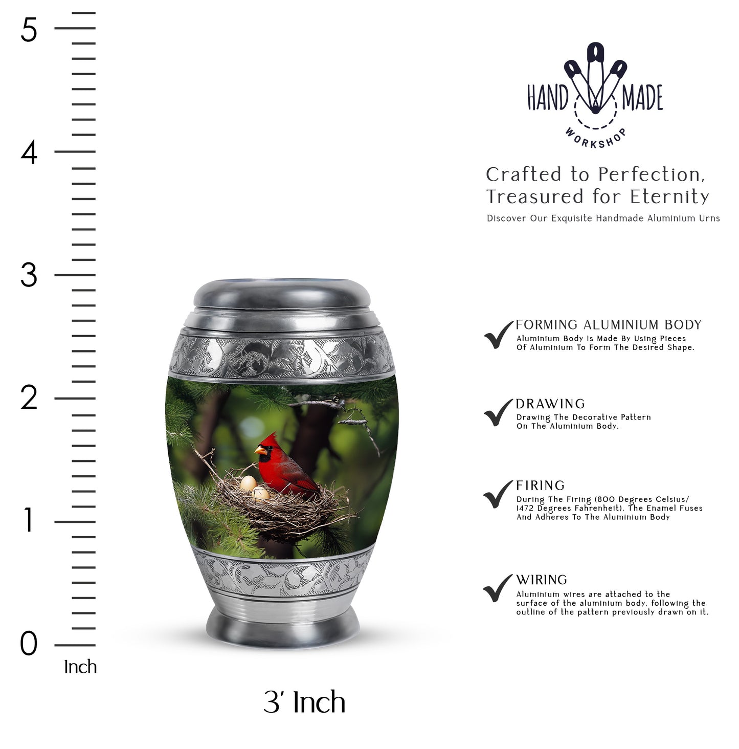 Mint Green Cardinal Cremation Urn lifestyle display on memorial shelf - royal cardinal engraving with decorative scrollwork - mini keepsake memorial for portion of cremation ashes