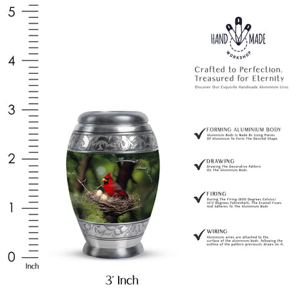 Mint Green Cardinal Cremation Urn lifestyle display on memorial shelf - royal cardinal engraving with decorative scrollwork - mini keepsake memorial for portion of cremation ashes
